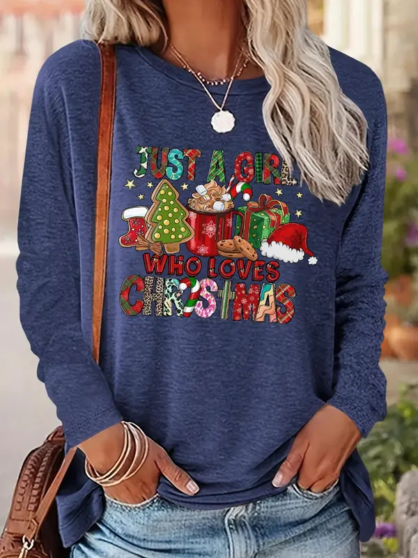 Women's Christmas Themed T-shirt, Casual Letter Print Long Sleeve Round Neck Tee for Daily Wear, Ladies Fall & Winter Clothes 5