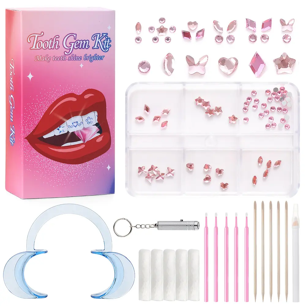 Tooth Gems Kit Fashionable, DIY Teeth Jewelry with Shiny Crystals Tooth-Decoration Rhinestone Suit Flat Bottom Love Heart Tooth Gems Decoration