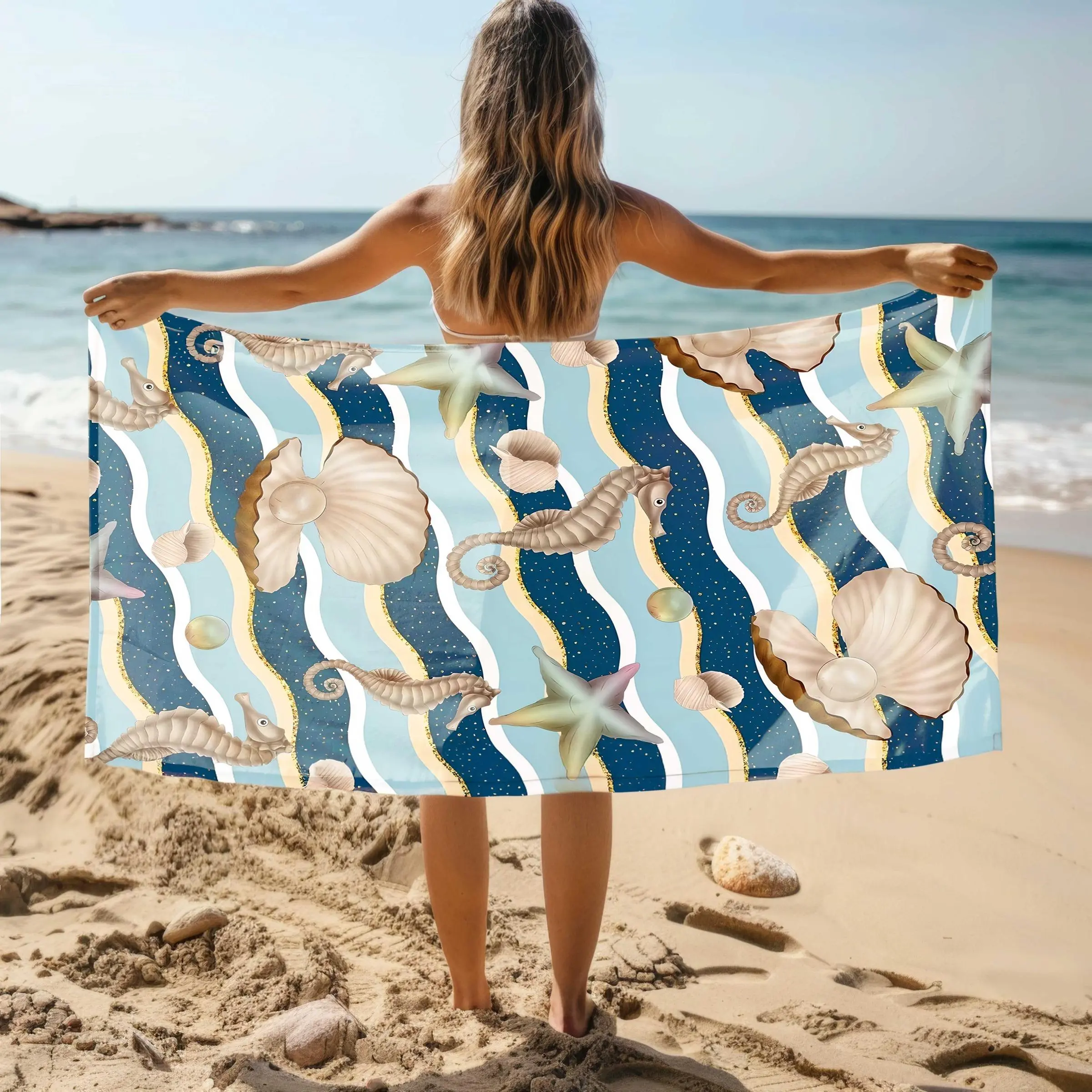 Sea Horse & Striped Pattern Beach Towel, Soft Absorbent Towel for Beach Swimming, Quick Drying Towel for Outdoor Travel & Summer Entertainment