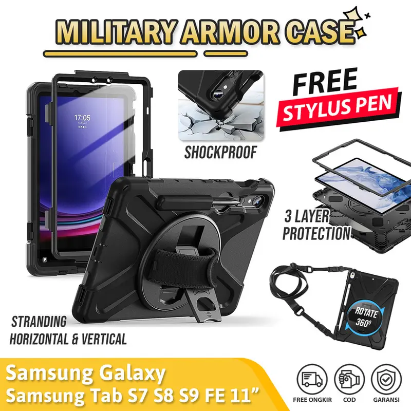 Case For Samsung Tab S9 FE 10.9 S7 S8 11 inch 2025 2023 2022 2020 T870 T875 X700 X706 X710 X716 X510 X516 Casing Heavy Duty Rugged Armor Shockproof Cover Pelindung Kesing Robot Stand Standing Rotate Rotating Penutup Silikon 0