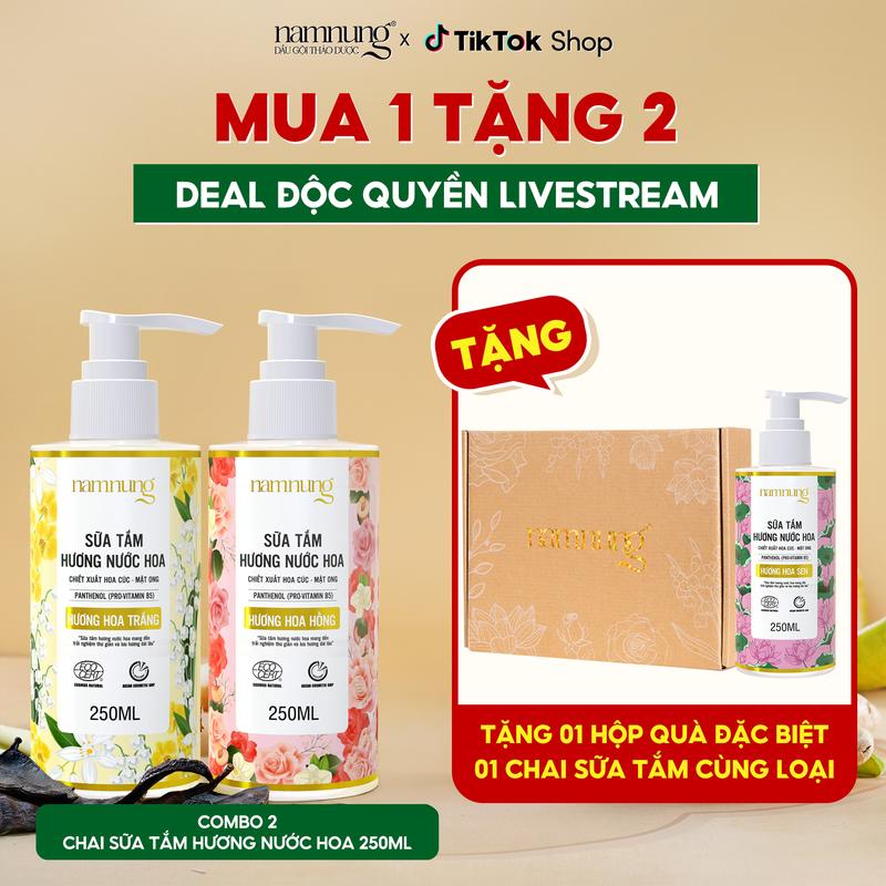 (Combo Giá Hời) Combo 3 sữa tắm thảo dược NamNung, sữa tắm nước hoa cao cấp hỗ trợ da trắng mịn 250ml chiết xuất thiên nhiên Mật ong hoa cúc Chăm sóc da Chăm sóc cơ thể TẶNG 01 hộp quà sang trọng