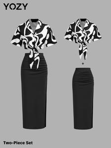 YOZY Two-piece Set Women's All Over Print Shirt & Skirt, Casual Fashion Outfits for Daily Wear, Ladies Clothes for All Seasons, Womenswear, Clothing Sets