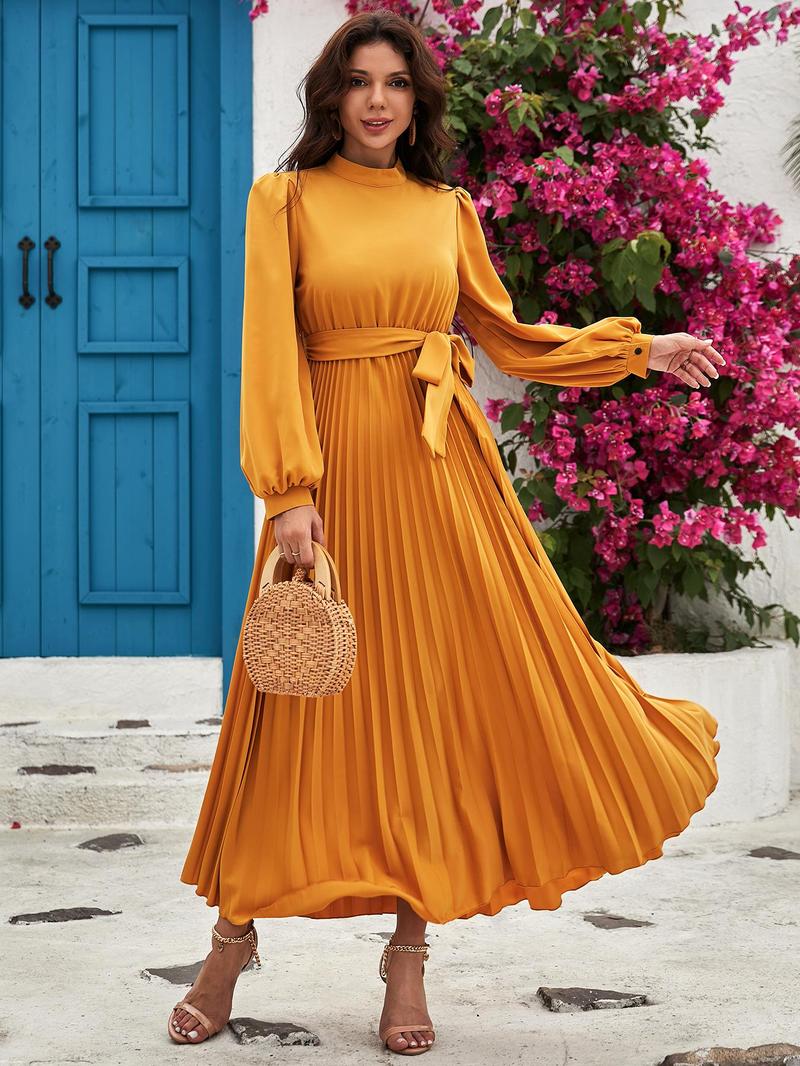 Product Introduction of Women's Solid Belted Pleated Dress, Elegant Bishop Sleeve Keyhole Back A Line Dress for Spring & Fall, Women's Clothing for Wedding Guest, Dresses for Women 7