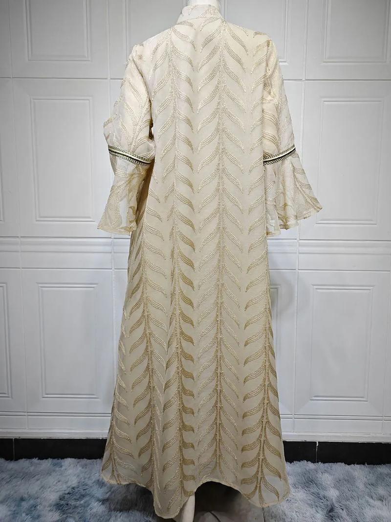 Product Introduction of Dubai Embroidery Abaya With Belt For Muslim Woman Notched Stand Collar Flare Sleeve Elegant Loose Moroccan Saudi Kaftan 17