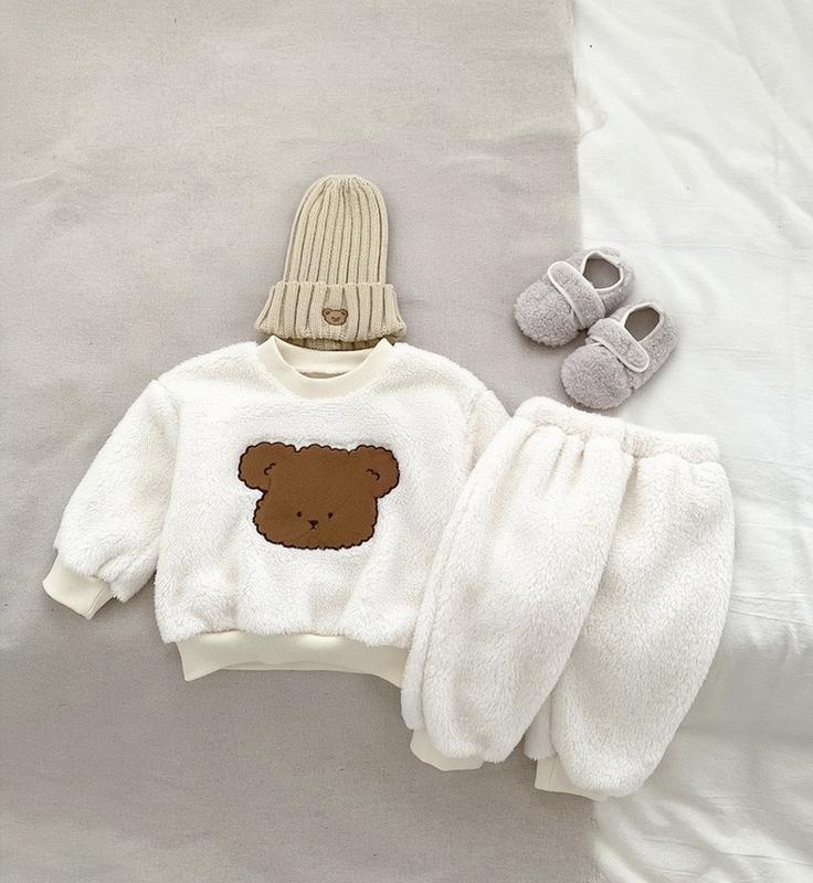 SB07 Set Đồ Lông 3 Món Áo Quần Và Mũ, Thiêu Hình Gấu Cho Bé Trai, Bé Gái 8-18Kg 3