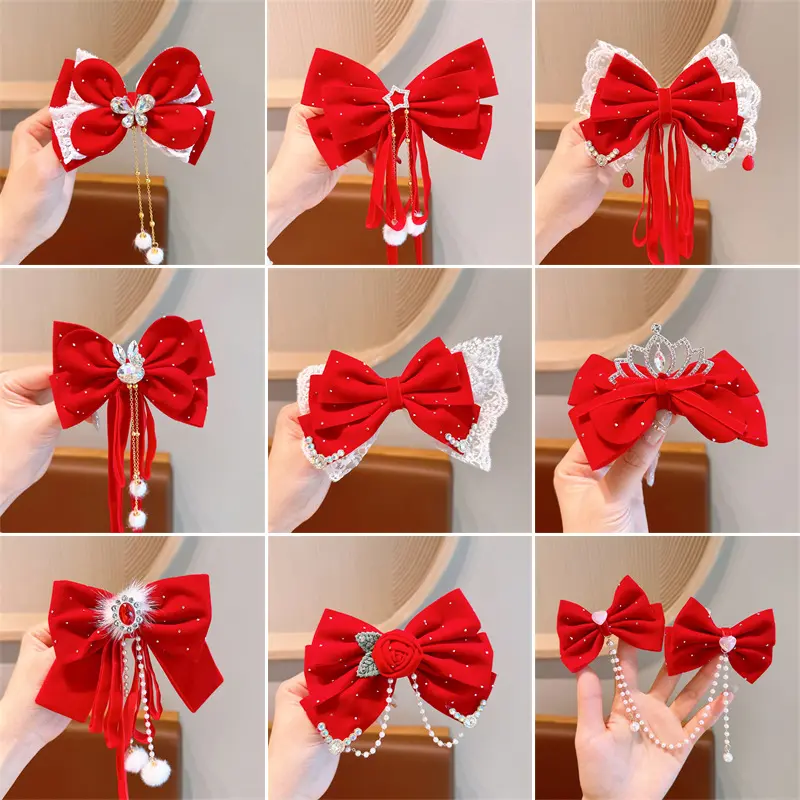 Kẹp Tóc Nơ Đỏ, Phụ Kiện Tóc Trẻ Em Năm Mới, Kẹp Bên Sau Đầu Và Bên Hông Dễ Thương Cho Bé Gái, cài tóc Năm Mới