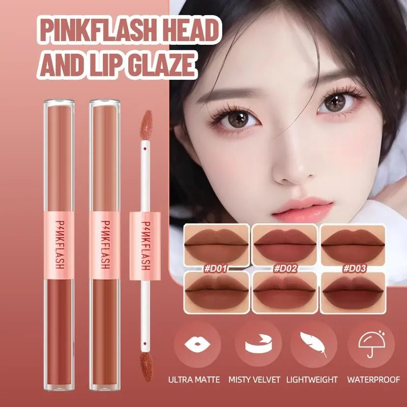 Son Môi Lì Hai Đầu, PINKFLASH, Son Kem 2 Trong 1, Son Kem Nhung, Sắc Tố Cao, Không Phai, Không Thấm Nước, Chống Mồ Hôi, Lâu Trôi, Không dính cốc