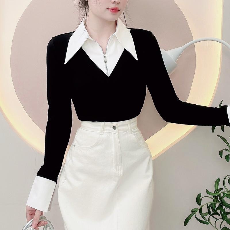  Áo sơ mi nữ thiết kế sơ mi cổ lá nhọn phối thun hottrend thu đông kiểu dáng trẻ trung sang trọng sơ mi đi tiệc đi làm đi chơi LAMO- B1377 