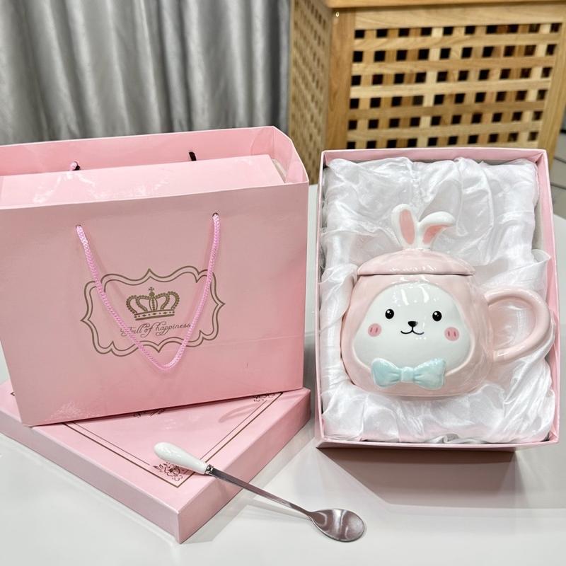 Ly cốc sứ có nắp đậy hình thỏ dễ thương 450ml, món quà sinh nhật tặng bạn gái cốc uống nước có nắp đậy kèm thìa - TTB