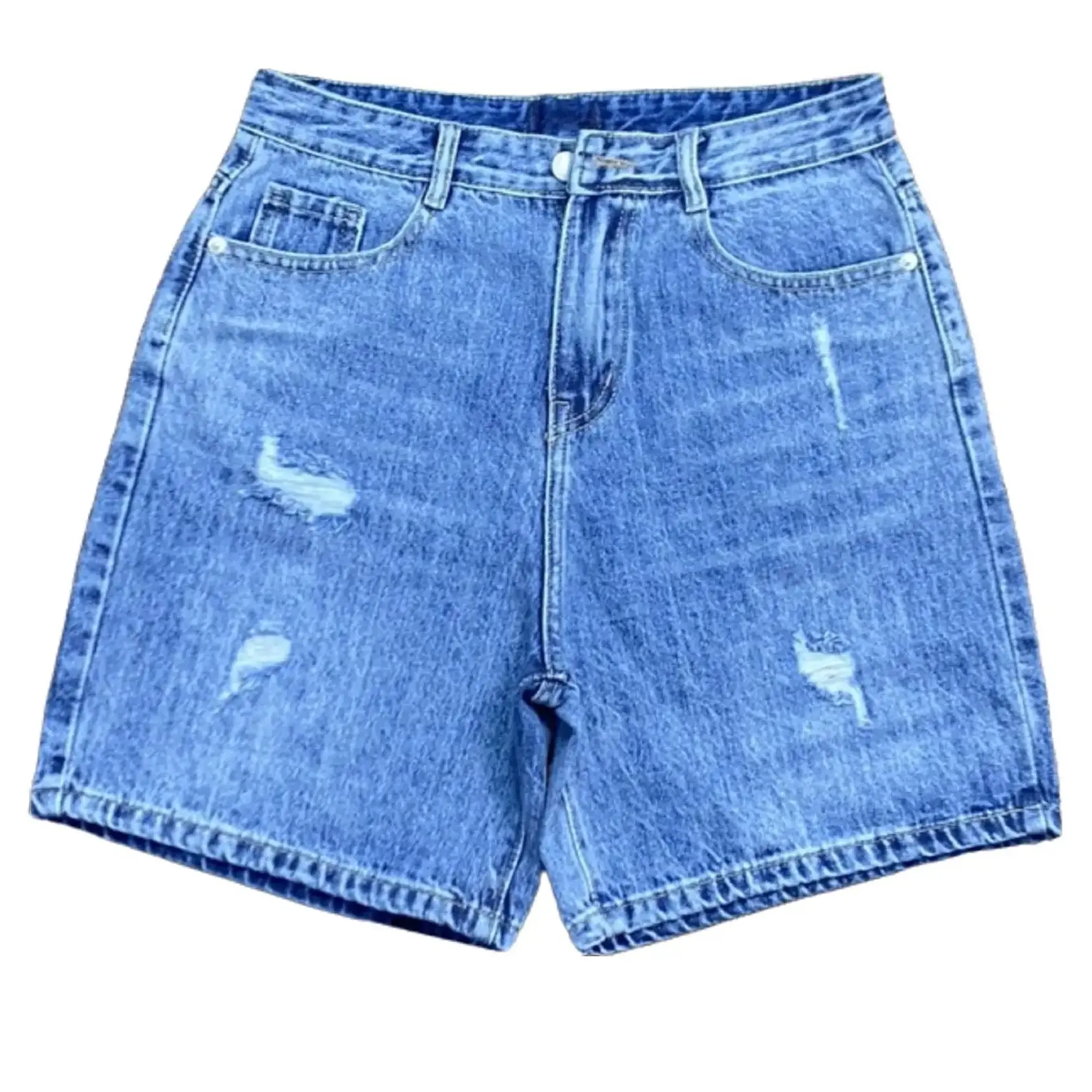 (NGO189-ĐẠI) Quần Short Jean Ngố Nữ Ống Rộng, Kiểu Cào Rách Nhẹ, Chất Cotton Không Giãn Lai Cuốn Women Lưng Cao Denim Ong Pants Có Túi