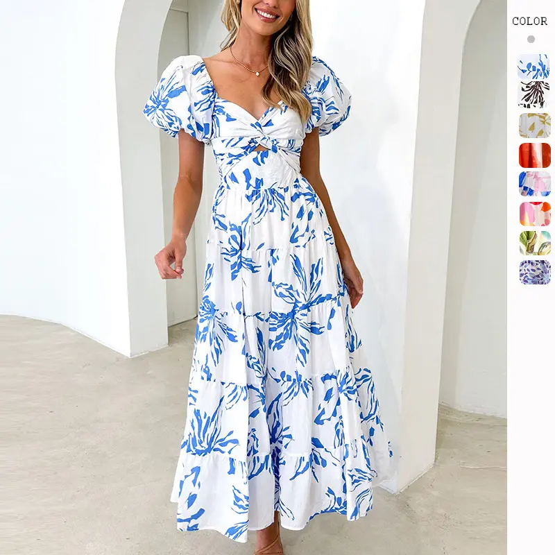 European and American 2025 Spring and Summer Dress New Elegant Slim Print Puff Sleeve Large Swing High-End Dress Women
