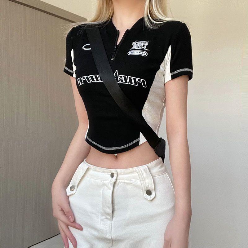 Product Introduction of y2k New American Style Pull Cool Mechanical Style Stitching Contrast Color Short Sleeve Zipper T-shirt Street Hot Girl Personalized and Slim-Looking Short Top 8