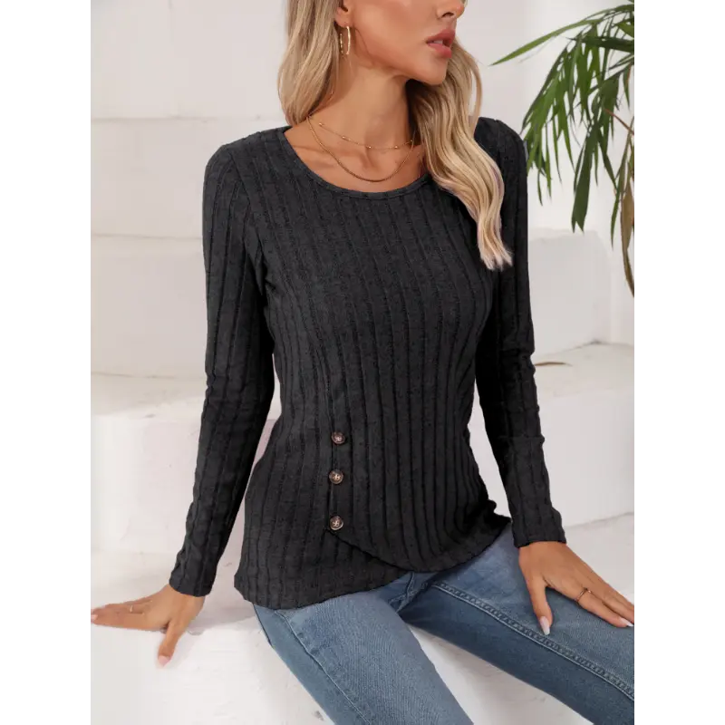 Button Side Asymmetrical Hem T-Shirt, Elegant Rib Crew Neck Long Sleeve T-Shirt For Spring & Fall, Women's Clothing Collar Fabric 3