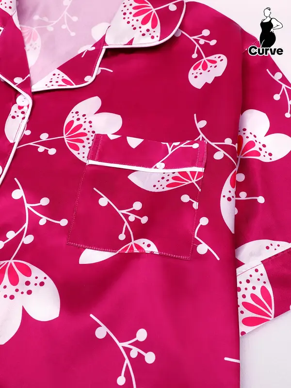 【Plus Size】 Floral Print Lapel Neck Top & Shorts Pyjama Two-piece Set, Elegant Comfy Short Sleeve Top & Shorts PJ Set, Women's Sleepwear for All Seasons, Loungewear 4