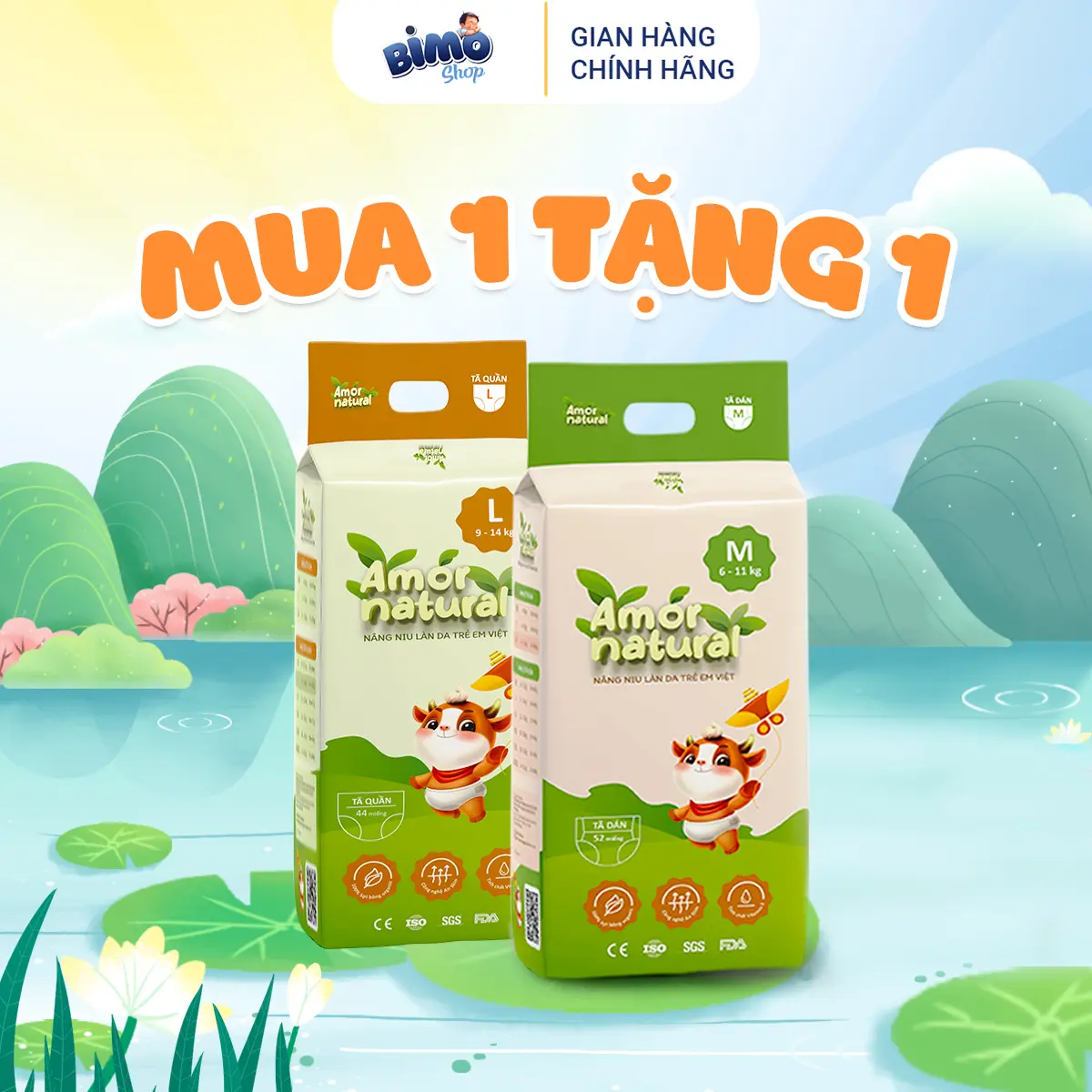(2A) [COMBO TRẢI NGHIỆM] Combo 2 Bịch Tã/ Bỉm Amor Natural Thoáng Khí Mỏng Nhẹ Cho Bé
