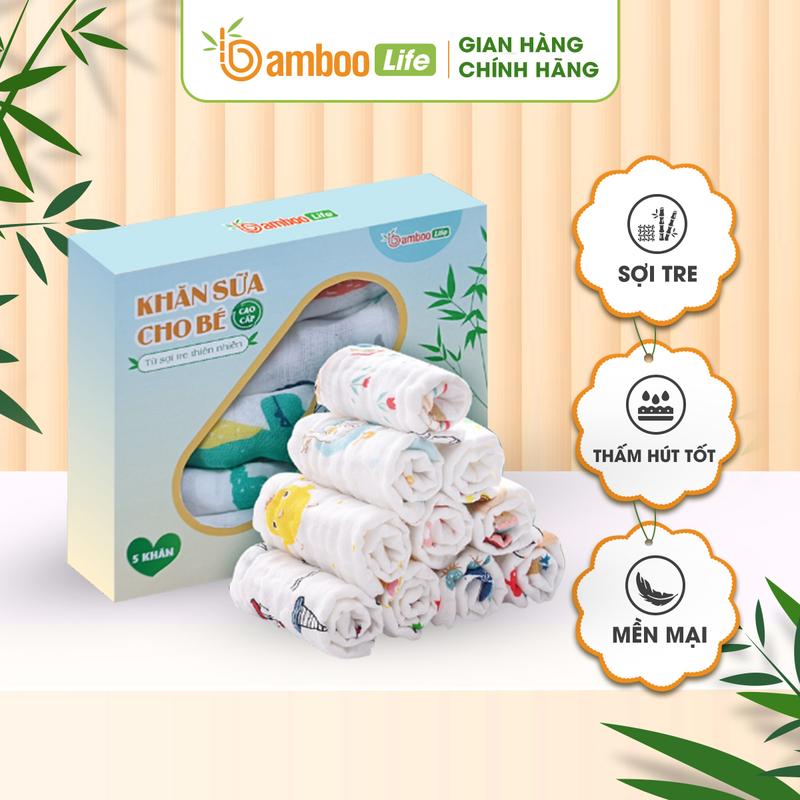 Khăn sữa sợi tre cho bé Bamboo Life họa tiết ngộ nghĩnh, mềm mịn, thấm hút như khăn tắm, kháng khuẩn tốt khăn sữa cho trẻ sơ sinh loại 2 lớp và 4 lớp