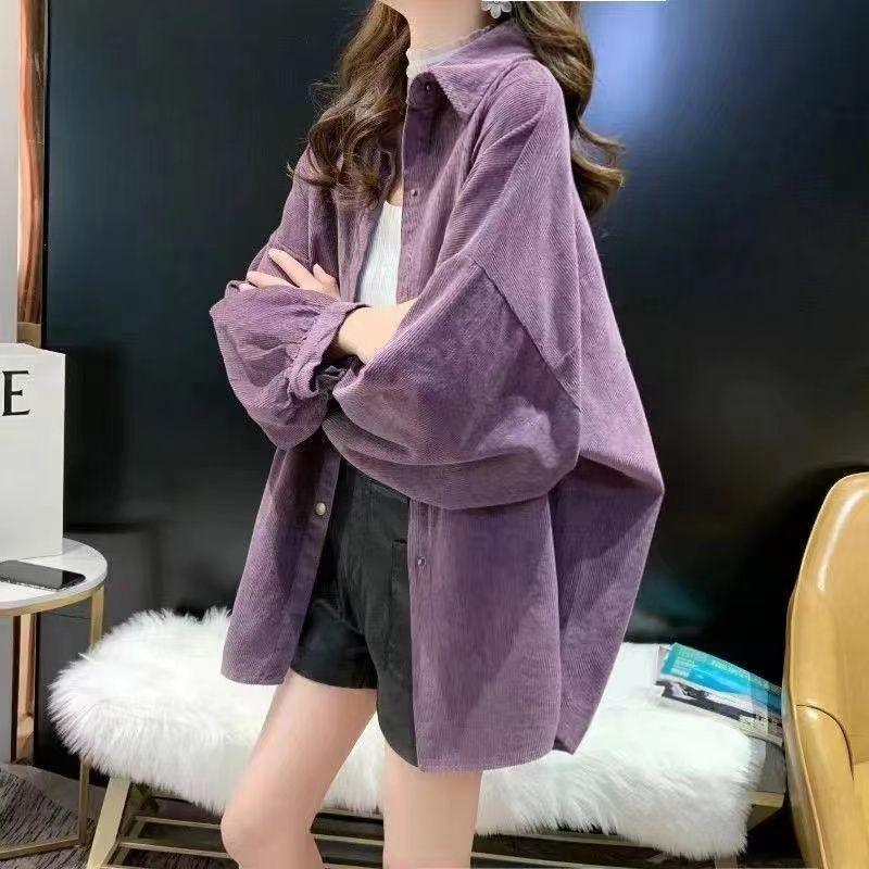 Product Introduction of Áo Sơ Mi Vải Nhung Kẻ, Phong Cách Cổ Điển Mùa Thu Mới, Dài Tay, Dáng Rộng Rãi Và Thường Ngày, Áo Sơ Mi Dài Trung Bình Áo Khoác Ngoài Nữ Women Top Shirt Lệch Vai 1