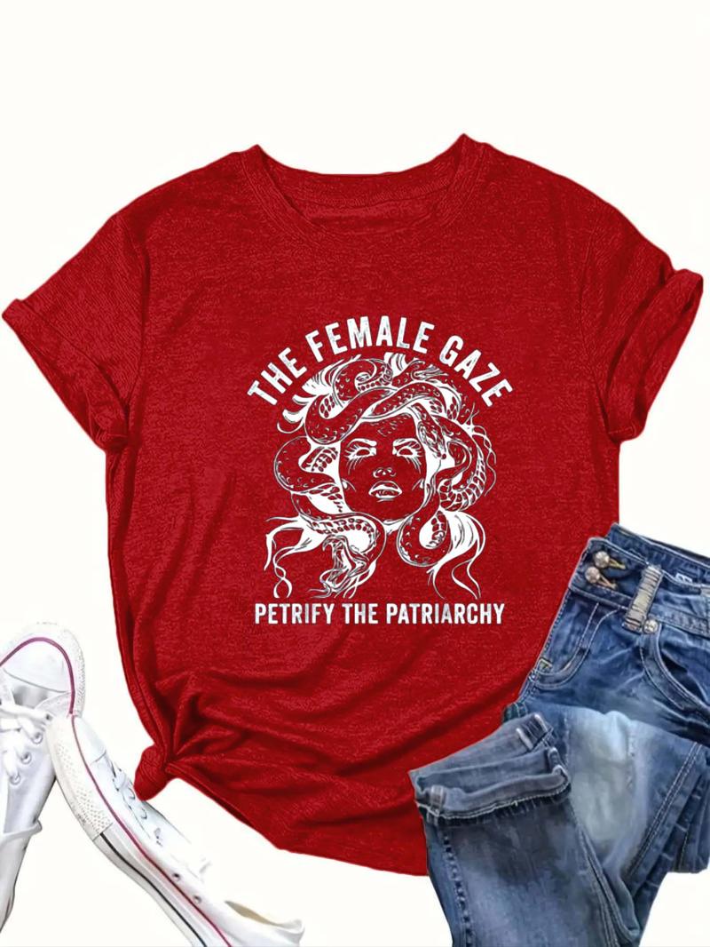 Product Introduction of 【Plus Size】 Cartoon & Letter Print Round Neck Tee, Fashion Casual Crew Neck Short Sleeve T-Shirt for Daily Outdoor Wear, Women Clothing for Summer 5