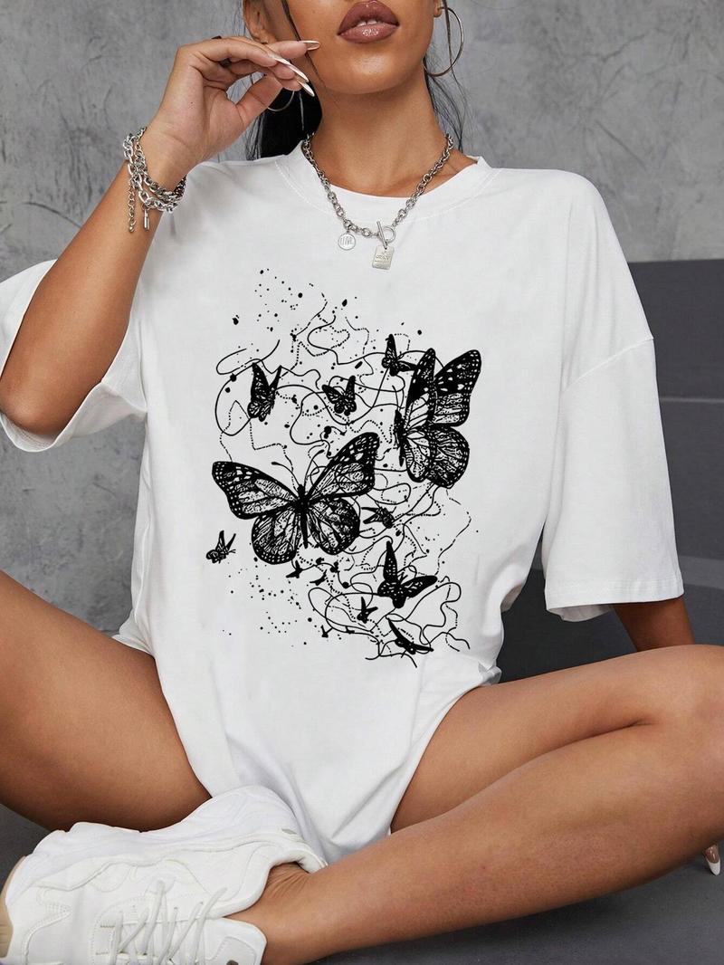Product Introduction of Women's Butterfly Print Round Neck Tee, Y2K Streetwear Summer Clothes, Vintage Trendy Casual Graphic Drop Shoulder Half Sleeve T-Shirt for Summer Daily Wear 3