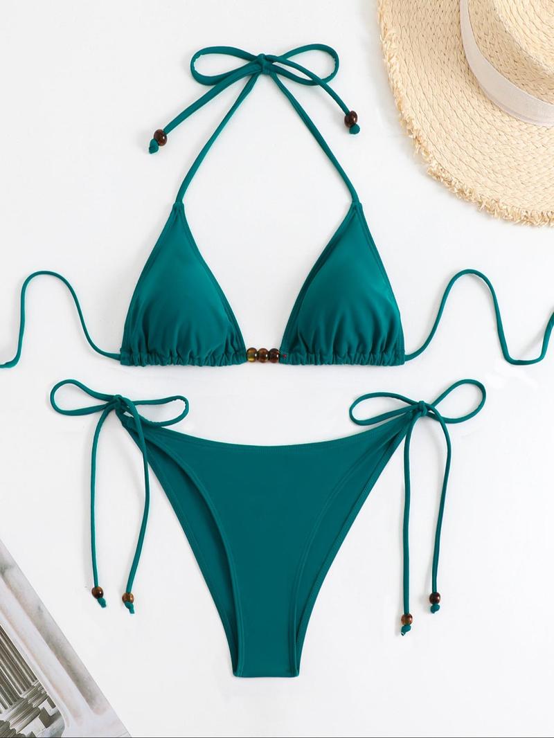 Product Introduction of Two-Piece Set Women's Solid Beaded Tie Back Bikini Set, Boho Fashion Halter Triangle Swim Top & Tie Side Swim Bottom for Beach Holiday Vacation, Ladies Summer Clothes 1