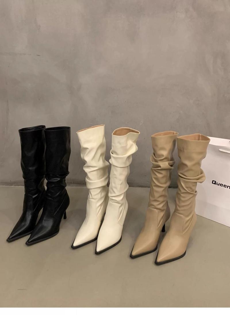 Product Introduction of 2025 Pointed Toe White High-Heeled Western Boots Female Boots New Spring Summer Slimming Pile Style Knight Spring And Autumn Boots 17
