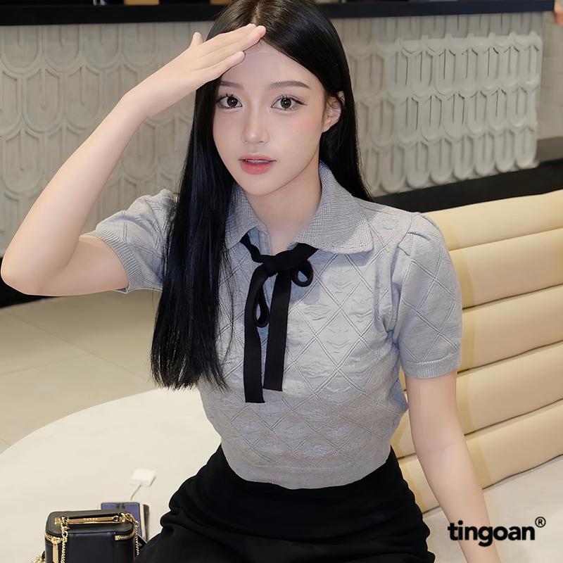  TINGOAN - Áo len xám crop bề mặt len hoạ tiết quả trám buộc nơ YURI YURI TOP V2 GR PHIÊN BẢN MỚI NHẤT T6 2024 