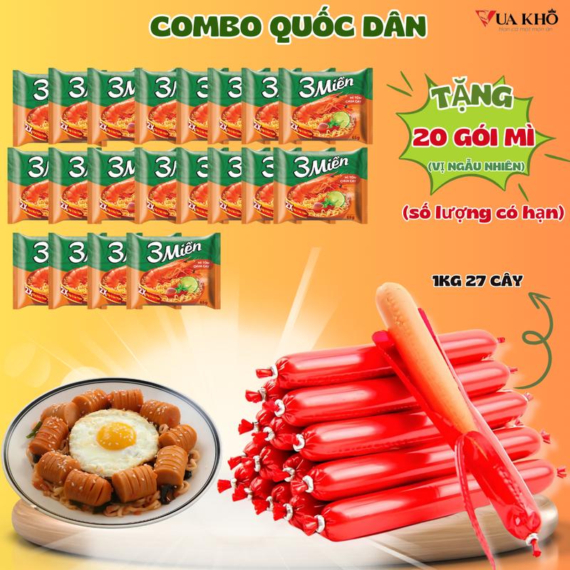 [KM giới hạn TẶNG 20 gói mì] 1KG Xúc xích (35gr/cây ~ 27 cây) TẶNG 20 gói mì (20 gói). Xúc xích mềm thơm, mì sợi dai dậm đà - Đồ ăn vặt Snack, Food, Chua Cay. Heo mì  trộn mì cay mì  gói