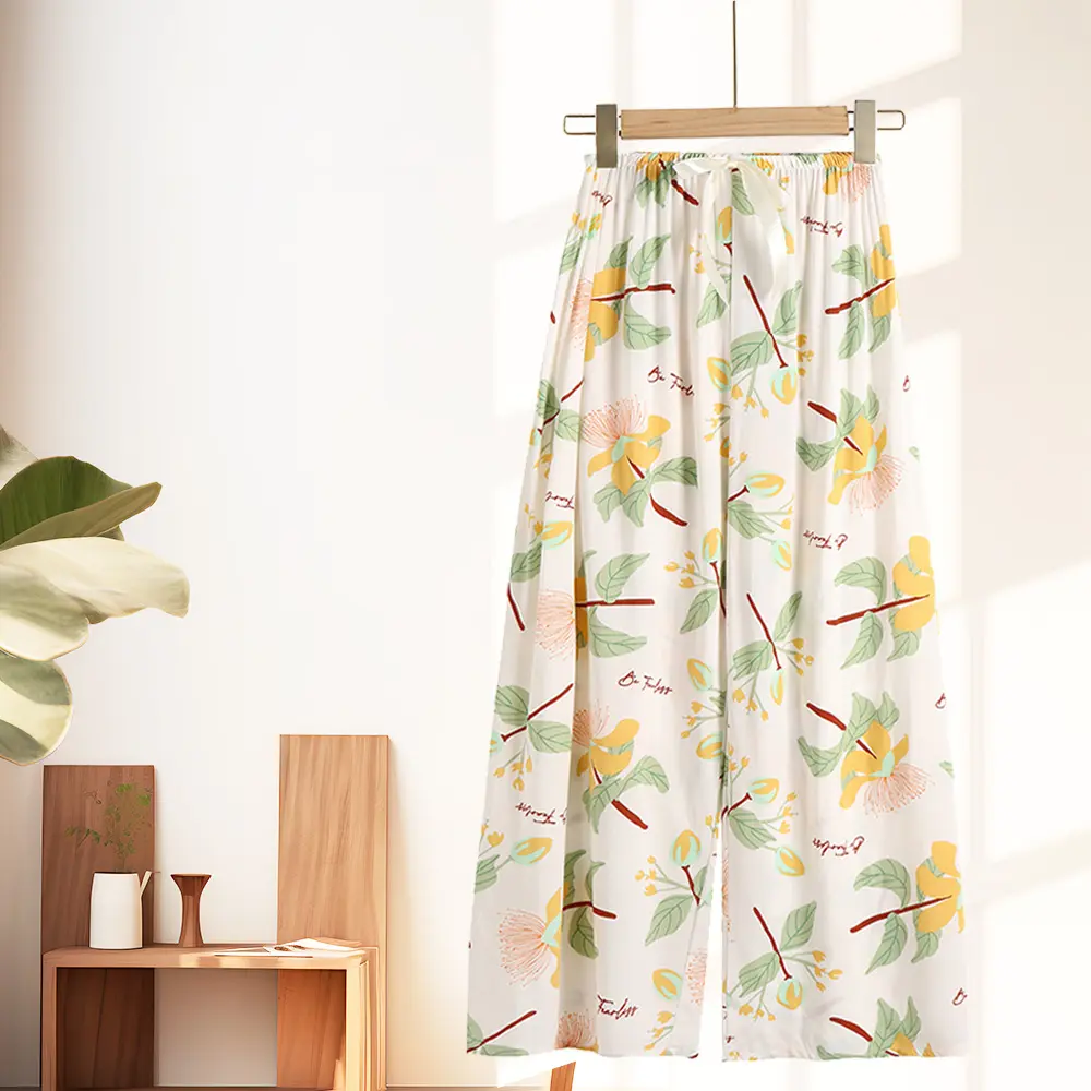 Summer Women Cotton Rayon Breathable Floral Wide Leg Lounge Pants Tropical Beach Comfy Plus Size