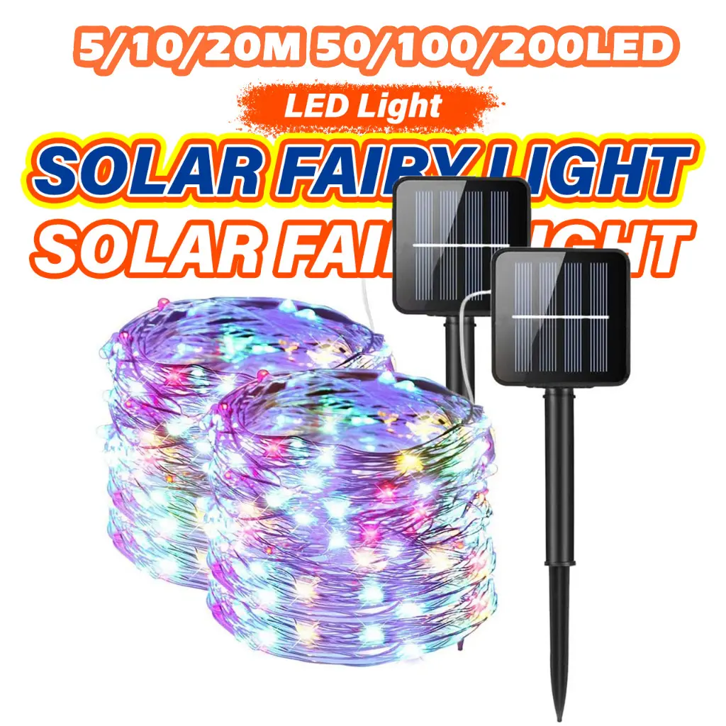 Solar Lights LED Fairy String Lights Waterproof 8 Lighting Modes 5/10/20M 50/100/200LED String Lights for Garden Patio Tree Wedding Party Decor New Year Christmas Raya Ramadan Gift