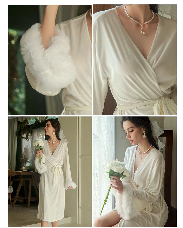 Product Introduction of Bride Bridal Gown Women's Long Feather Nightgown Wedding Tie Makeup Bridesmaid Kimono South Korea Gold Velvet 7