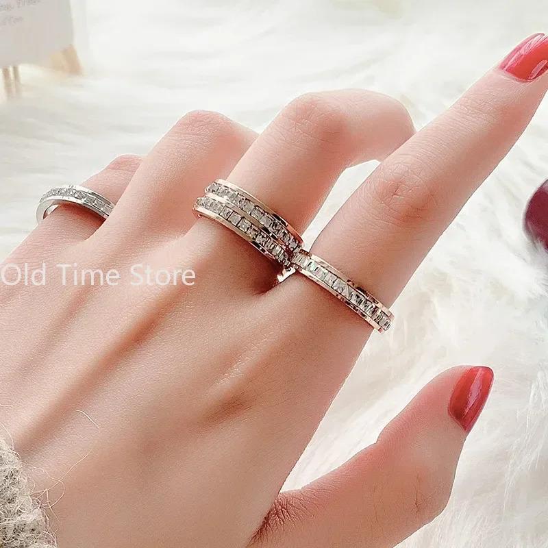 Hot Sale Double Crystal Woman Fashion Ring Rose Gold Color Filled Titanium Steel Rings for Women Female Fine Jewelry 2