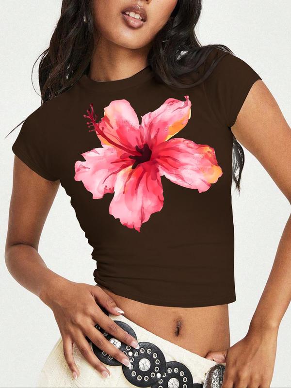 Women's Floral Print Round Neck Crop Tee, Y2K Casual Short Sleeve Crew Neck T-Shirt for Summer, Fashion Women's Top for Daily Wear 6