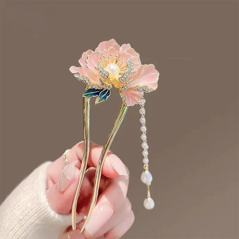  Bộ Kẹp Tóc U & Nĩa Hoa Mẫu Đơn Tua Rua Lắc Bước 2025 - Phụ Kiện Updo Dân Tộc Tân Cổ Điển | Chất Liệu Đồng Đỏ Khảm Ngọc Trai + Cơ Chế Lò Xo Chống Rung | Thiết Kế Chữ U Cao Cấp Cho Tóc Dày Phù Hợp Lễ Hội Truyền Thống Trình Diễn Nghệ Thuật Áo Dài Cách Tân 