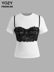 YOZY Women's 2 in 1 Contrast Lace Round Neck Tee, Casual Short Sleeve T-shirt for Summer, Ladies Clothes for Daily Wear