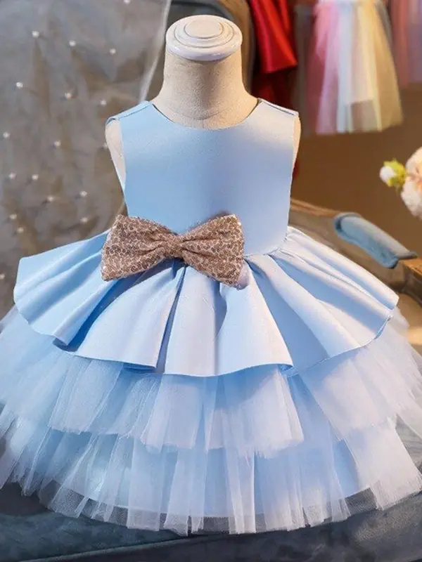 Toddler Girl's Bow Decor Mesh Sweater Dress, Elegant Big Bow Decor Princess Dress for Party Wedding Guest, Kids Clothes for All Seasons 0