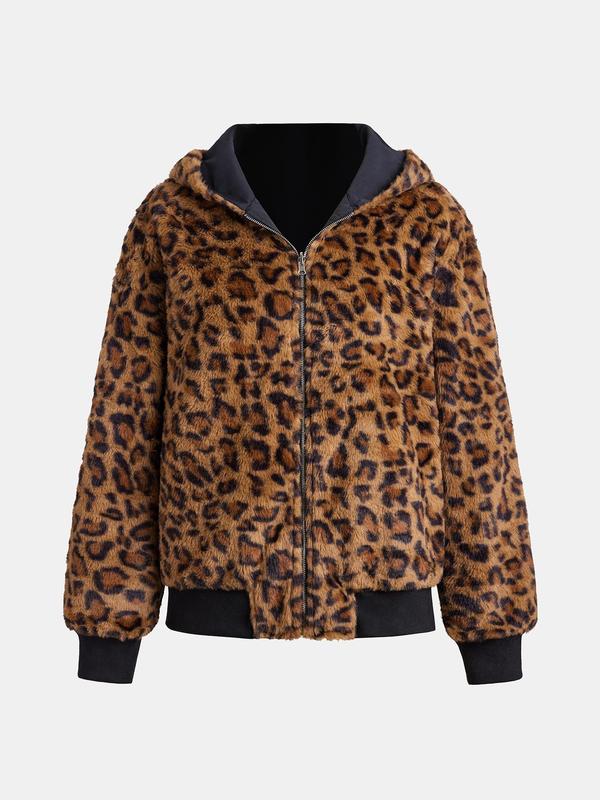 YOZY Women's Leopard Print Zip Up Thermal Lined Reversible Hooded Jacket, Fashion Casual Long Sleeve Pocket Outerwear for Daily Outdoor Wear, Women Clothing for Fall & Winter 4
