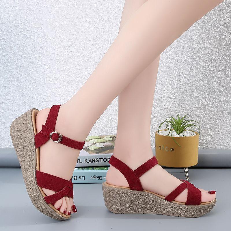 Xăng Đan Đế Xuồng Cho Nữ, Giày Đế Bằng Đa Năng Thoải Mái Mới, Da Thật, Thường Ngày, Gót Khối, Xăng Đan Gót Giữa, Mùa Hè 1