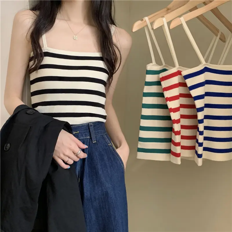 Áo Cổ Yếm Dệt Kim, Thiết Kế Sọc Độc Đáo Và Đặc Biệt, Dành Cho Nữ, Có Thể Mặc Làm Lớp Bên Trong, Với Thiết Kế Đẹp Mùa Hè, Chiều Dài Ngắn, Thích Hợp Cho Phong Cách Cô Gái Nóng Bỏng, Làm Lớp Ngoài