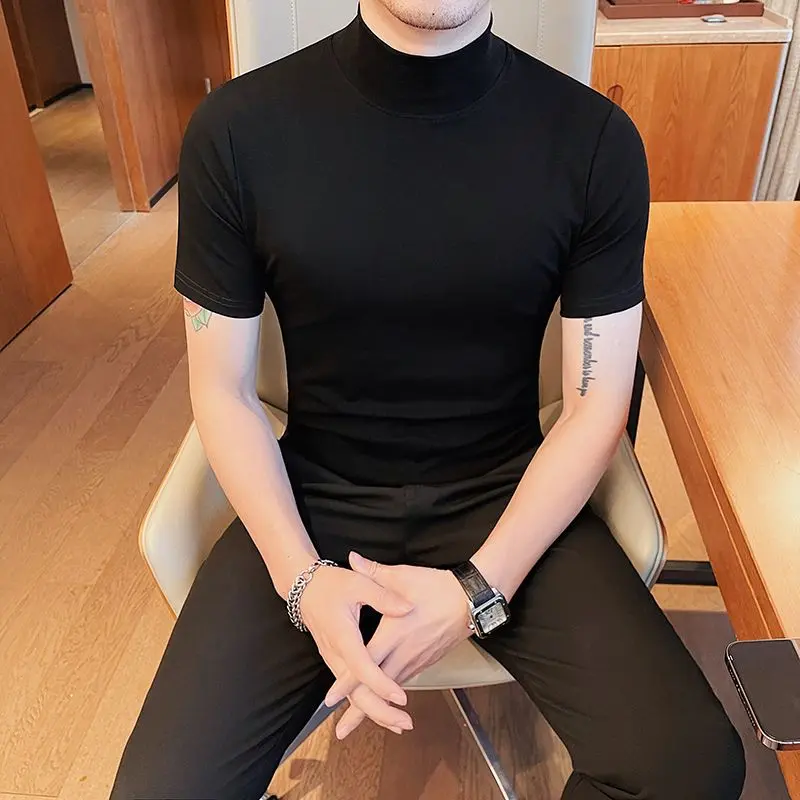 [Store Hot Sale] Half Turtleneck Short Sleeve T-Shirt for Men, Summer Thin 2023 New Trendy Brand, High-End Slim Fit Inner Base Shirt Top