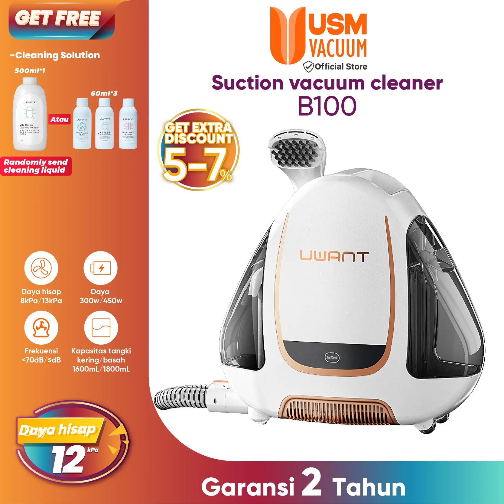 【COD 】UWANT B100 Suction Vacuum Cleaner Mesin Pembersih Kain Multifungsi Karpet Fabric Sofa Dan Kasur Air Cleaning 12Kpa