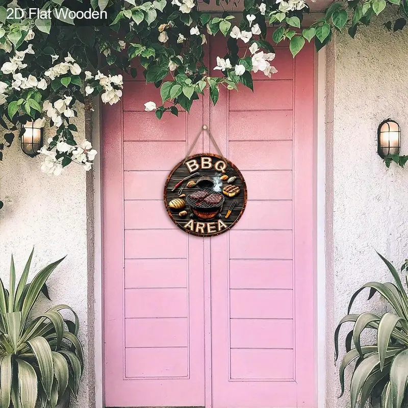 Wooden BBQ Theme Round Hanging Sign, 1 Count Creative Grill Area Hanging Ornament, Wall Decor for Home Garden Balcony Party 8