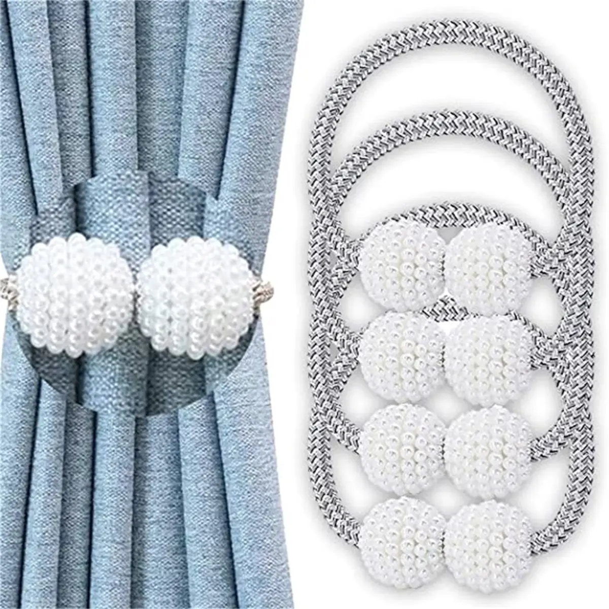 Faux Pearl Magnetic Curtain Tiebacks Drape Tie Backs Decorative Pearls Rope Holdback Buckles Holder For Window Blackout And Sheer Panels