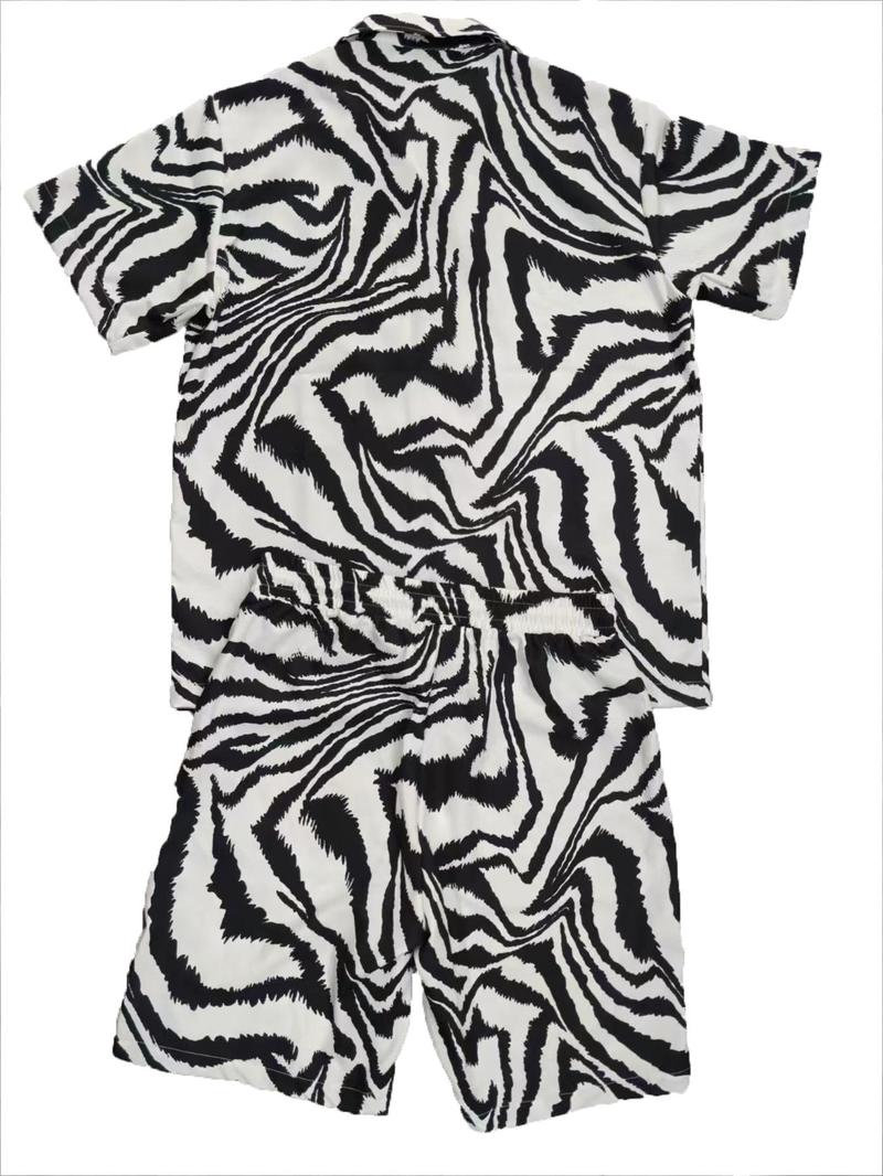 Product Introduction of Men's Colorblock Print Short Sleeve Tee & Shorts Two-Piece Set, Regular Fit Casual Round Neck T-shirt & Shorts, Men's Summer Clothes for Outdoor Wear 8