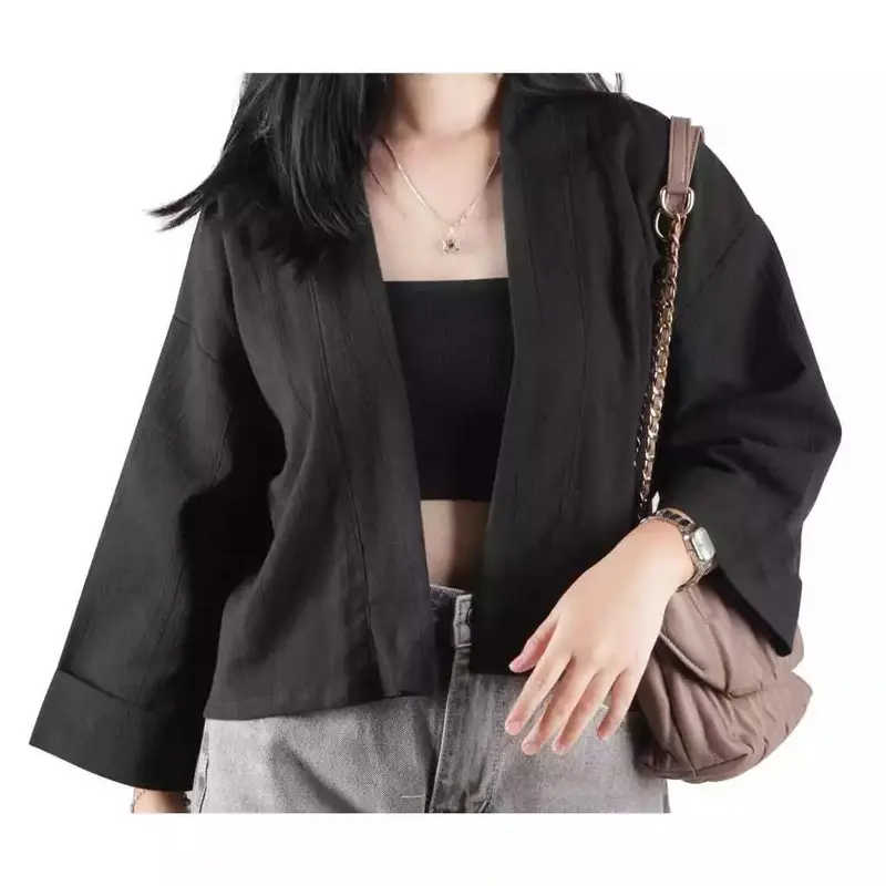 Outer Wanita Crop Lengan 3/4 Outer Kiyowo Cardi Crop Linen Crinkle Belia Outer Crop Baju Cardigan Blazer Wanita kemeja 3⁄4 Atasan Kardigan Oversize Simple Casual Nyaman Basic kondangan korean style Fit 3