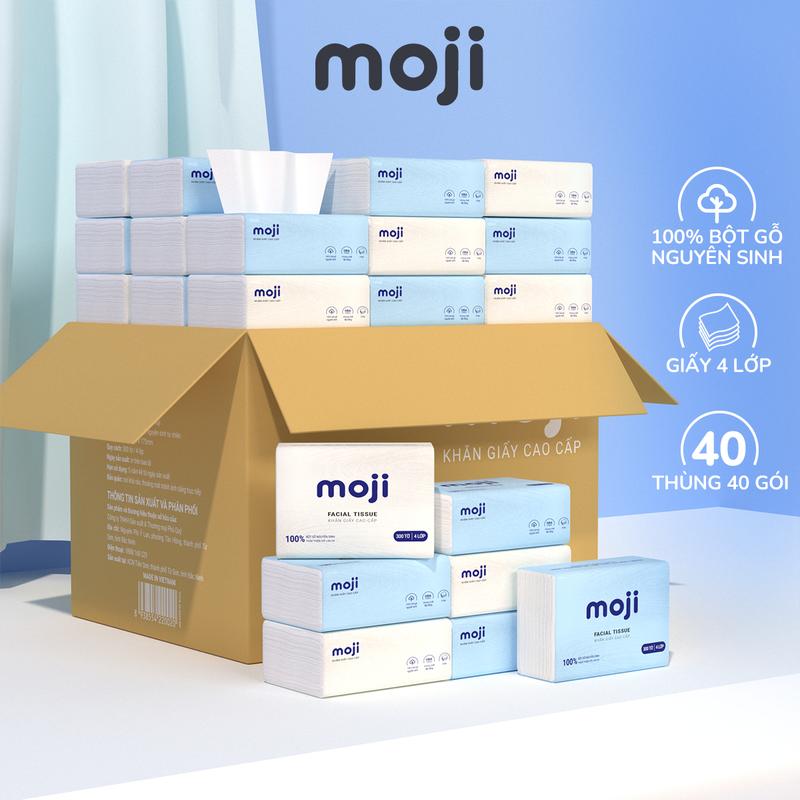 Khăn giấy ăn Moji thùng 40 gói rút 4 lớp cao cấp từ bột gỗ nguyên sinh tự nhiên không chất tẩy trắng