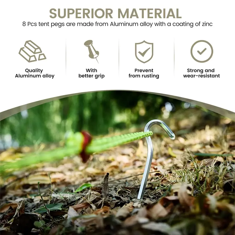 Tent Pegs 8 PCS 18cm Metal Heavy Duty Tent Hooks Aluminum Alloy Rust Free Camping Tent Ground Pegs