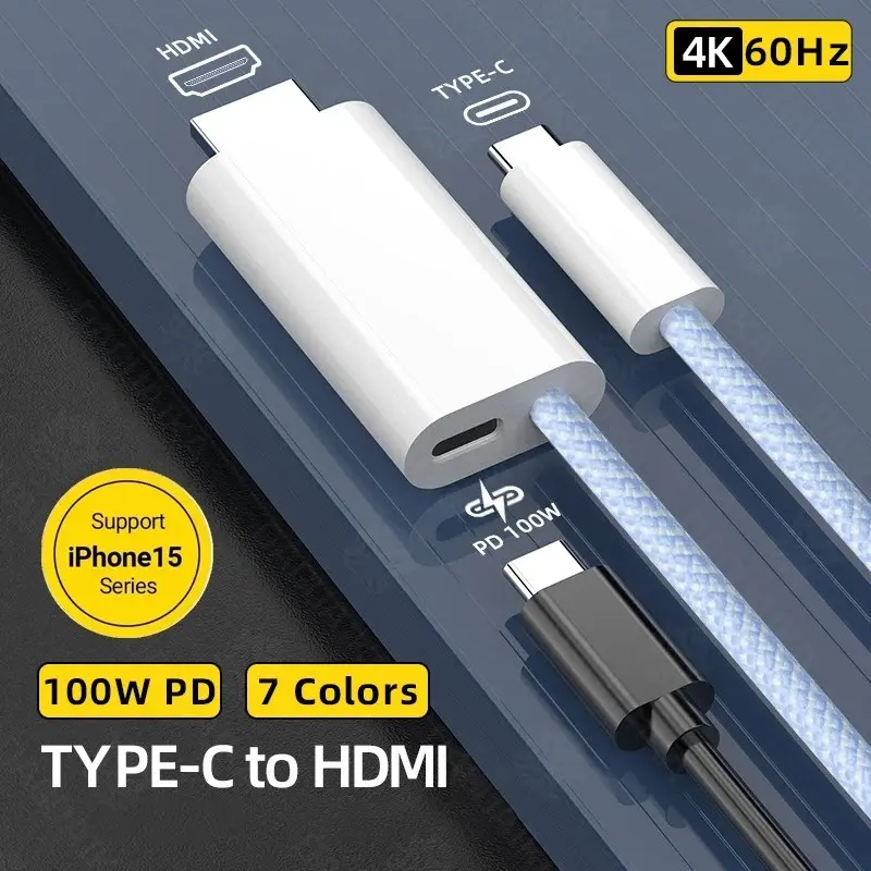 Type C to HDMI 4K 60Hz/30Hz 100W PD Charge Braid Shielded Cable USB C to HDTV Extension Screen Thunderbolt 4/3 Compatible with Mobile Phone Tablet NS Switch Laptop