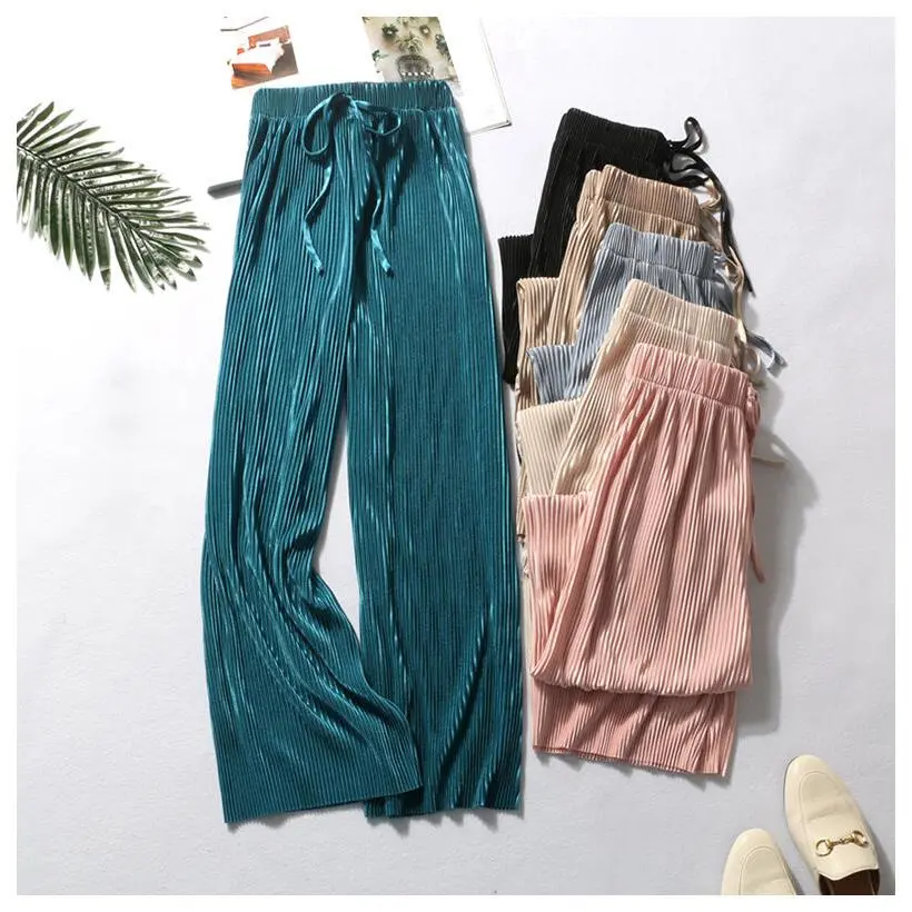 Women wide leg pants pleated silk ice chiffon drapey casual high waist loose fit long pants nine ten