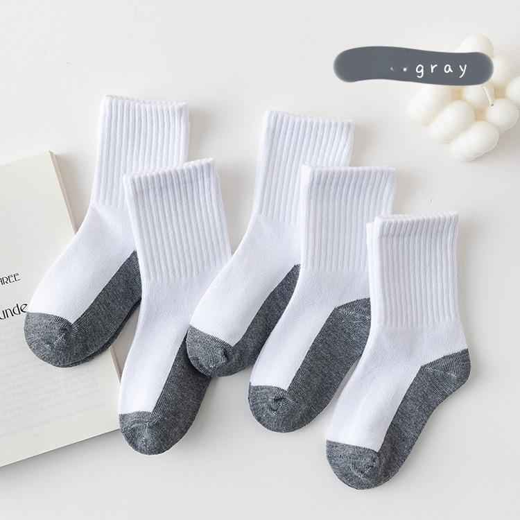 Product Introduction of [5 pair]Pure White Children'S Student Socks. Four Seasons Style. Black, White And Gray Cotton Mid-Calf Socks. Baby Socks. Sports Socks. 1