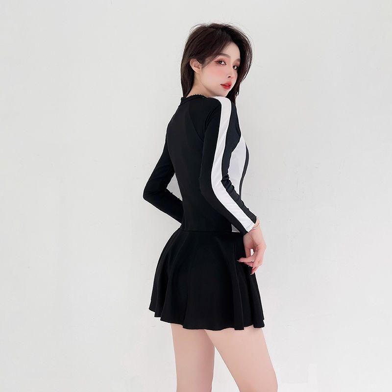 Women's Sports Swimsuit One-Piece Long Sleeve Sun Protection Gathered Tummy Control Slimming Student Class Conservative Hot Spring 3
